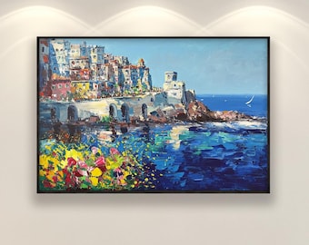 Dipinto originale ad olio della Costiera Amalfitana, raffigurante una cittadina balneare italiana in stile impressionista moderno, decorazione murale a impasto.