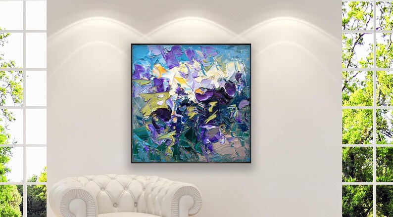 Flowers Painting on Canvas, Original Oil Painting, Modern Abstract Floral Wall Art for Bedroom Wall Decor, Home Decor, Unique Gift for Her displayed in a living room with a white sofa