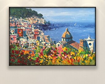 Positano Painting on Canvas, Original Art, Italy Amalfi Coast Art, Seascape Painting, Impressionist Art, Kitchen Wall Art, Gift for Women