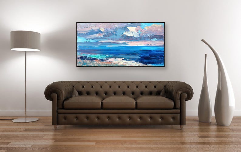 Abstract painting, original oil painting on canvas hanging in a modern living room with a brown sofa and home decor