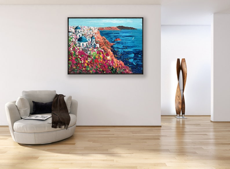 Santorini Painting on Canvas, Original Painting, Greece Painting, Seascape Painting, Impressionist Art, Living Room Wall Art, Large Wall Art image 4
