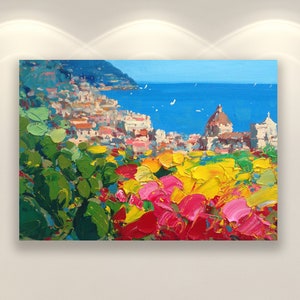 Positano Prints, Italy Wall Art, Original Art, Amalfi Coast, Canvas Art, Floral Art, Bedroom Wall Decor, Large Wall Art, Gift for Women