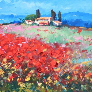 Puede incluir: Pintura al &oacute;leo de un paisaje con un campo de amapolas rojas. Un edificio blanco con tejado de terracota se alza sobre una colina, con monta&ntilde;as azules al fondo. El cielo es de un azul brillante.