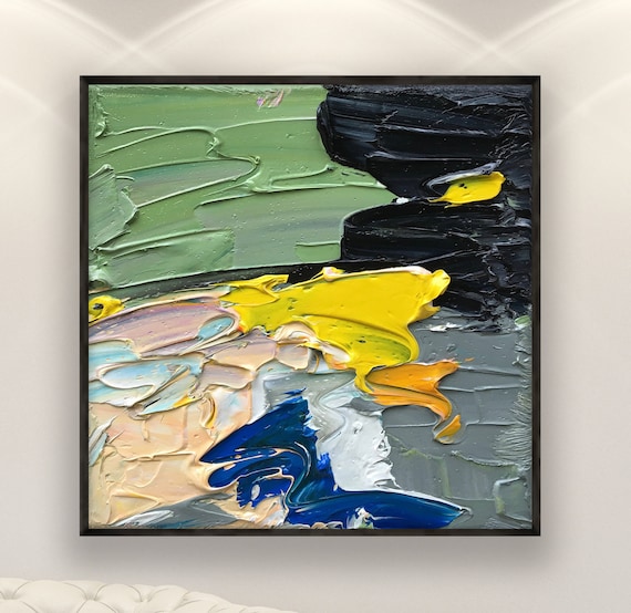 Original Abstract Oil Painting, Modern Palette Knife Texture Black Yellow Blue Wall Art Decor