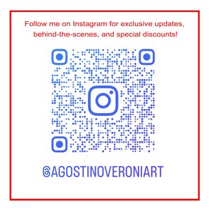 Op de afbeelding: Witte vierkant met rode rand met een blauwe QR-code en Instagram-logo. Bovenstaande tekst luidt: "Volg me op Instagram voor exclusieve updates, behind-the-scenes en speciale kortingen!" De Instagram-gebruikersnaam @AGOSTINOVERONIART staat eronder.