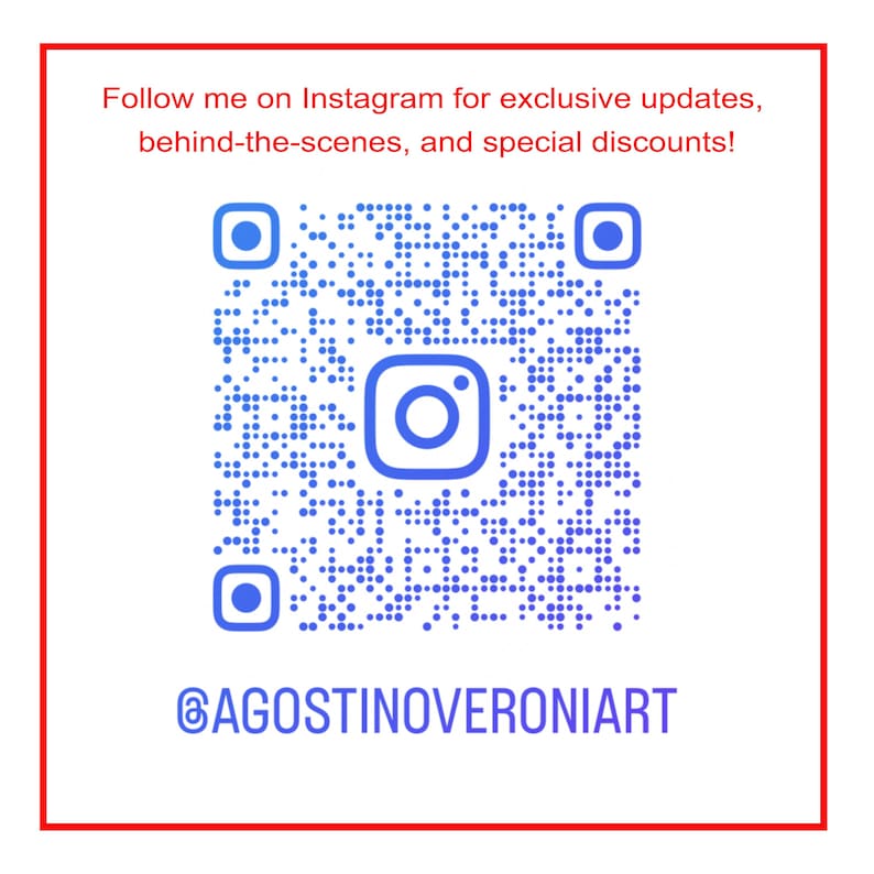 Op de afbeelding: Witte vierkant met rode rand met een blauwe QR-code en Instagram-logo. Bovenstaande tekst luidt: "Volg me op Instagram voor exclusieve updates, behind-the-scenes en speciale kortingen!" De Instagram-gebruikersnaam @AGOSTINOVERONIART staat eronder.