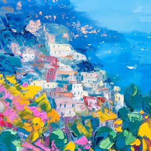 Close-up view of a Positano oil painting with colorful houses, blue sea, and thick textured brushstrokes in pink and yellow tones.
