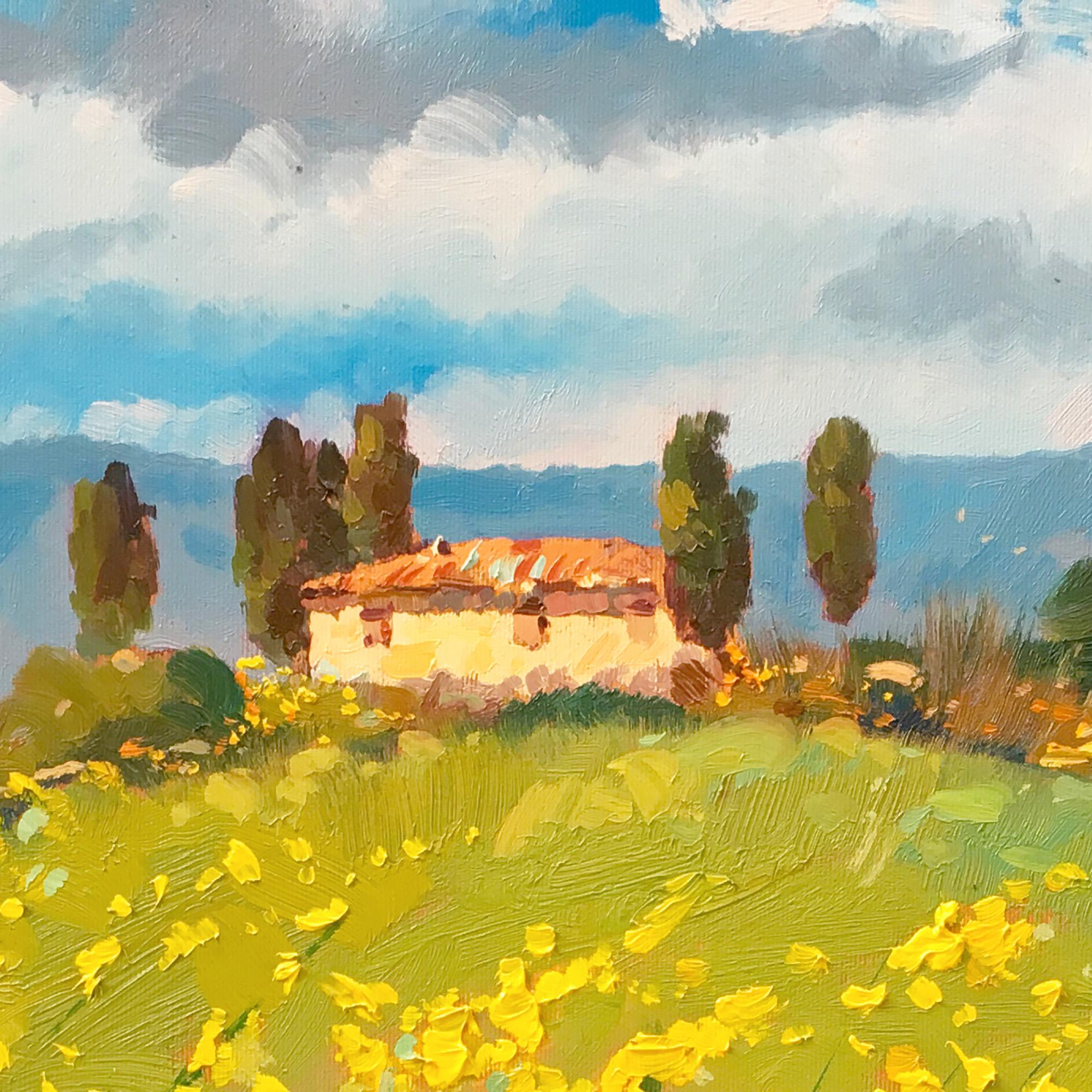 トスカーナの風景を描いたキャンバス油絵、イタリアの田園風景を描いた