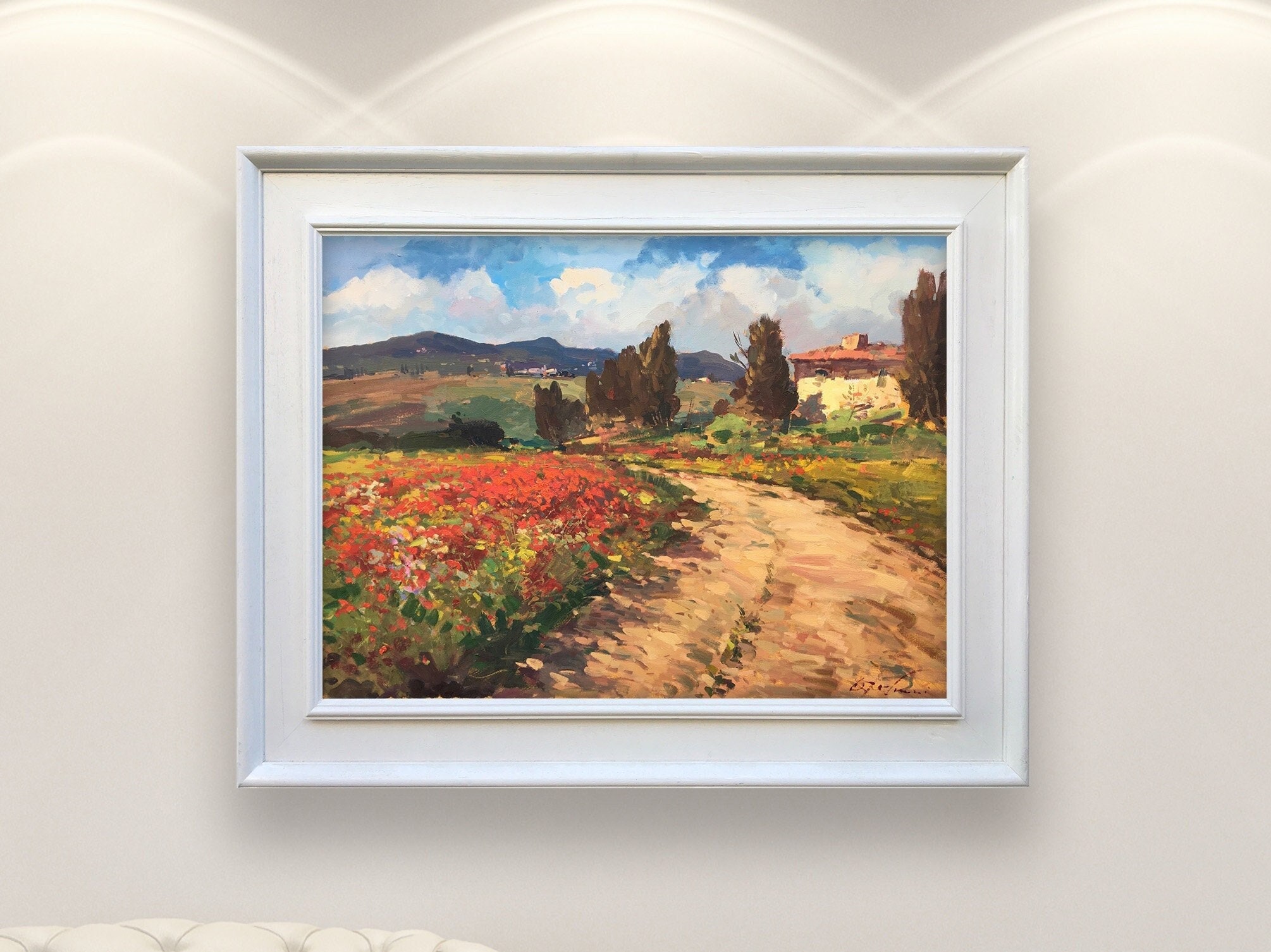 トスカーナの風景画（キャンバスに油絵）、現代印象派の赤いケシ畑