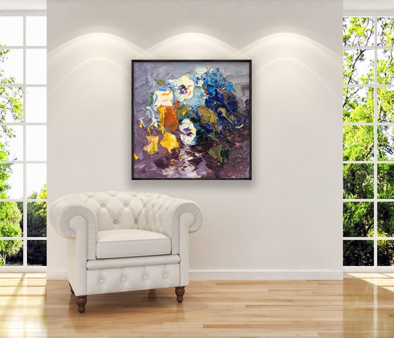 Pansies Painting on Canvas, Original Painting, Flowers Art, Floral Wall Art, Modern Wall Art, Wall Decor Living Room, Large Wall Art, Gift image 3