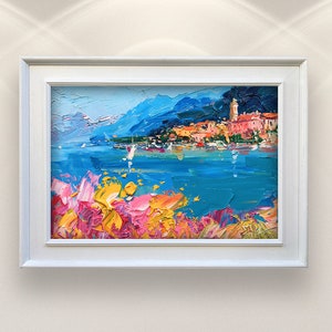 Bellagio Lake Como Painting on Canvas, Textured Italian Wall Art, Original Landscape Painting, Modern Home Decor, Gift for Her
