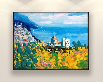 Positano Gemälde auf Leinwand, Originalkunstwerk, Meer Gemälde, Amalfiküste, Italien Gemälde, moderne Kunst, Wohnzimmer Wanddekor, große Kunst