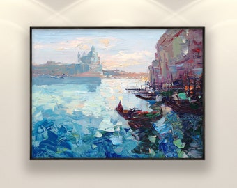 Peinture de Venise sur toile, oeuvre d'art originale, peinture de l'Italie, peinture de gondole, peinture de paysage marin, art impressionniste, art mural de chambre, cadeau