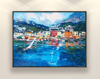 Capri Painting on Canvas, Original Art, Amalfi Coast, Seascape Painting, Italy Painting, Impressionist Art, Living Room Wall Art, Large Art