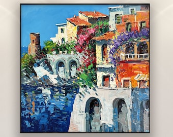Dipinto originale ad olio della Costiera Amalfitana, architettura italiana impressionista moderna, paesaggio marino, impasto, opera d'arte da parete.
