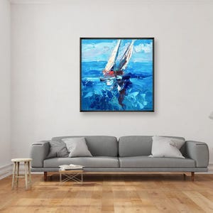 Sailboats painting, original oil painting on canvas hanging in a modern living room with a gray sofa and home decor