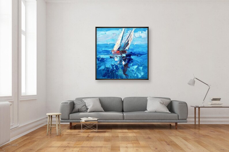 Sailboats painting, original oil painting on canvas hanging in a modern living room with a gray sofa and home decor