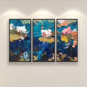 Water Lilies Painting Print, Giclée Floral Triptych Canvas Art, 3 Piece Pond Wall Decor