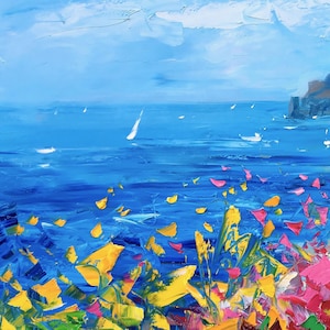 Original hand-painted oil painting on canvas close-up showing expressive palette knife texture, layered blue sea tones, and dynamic brushstrokes capturing the movement of the Mediterranean water with colorful coastal flowers in the foreground.