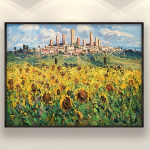 San Gimignano Paintings on Canvas, Original Art, Oil Painting, Landscape Painting, Sunflower Painting, Italy Painting, Large Wall Art