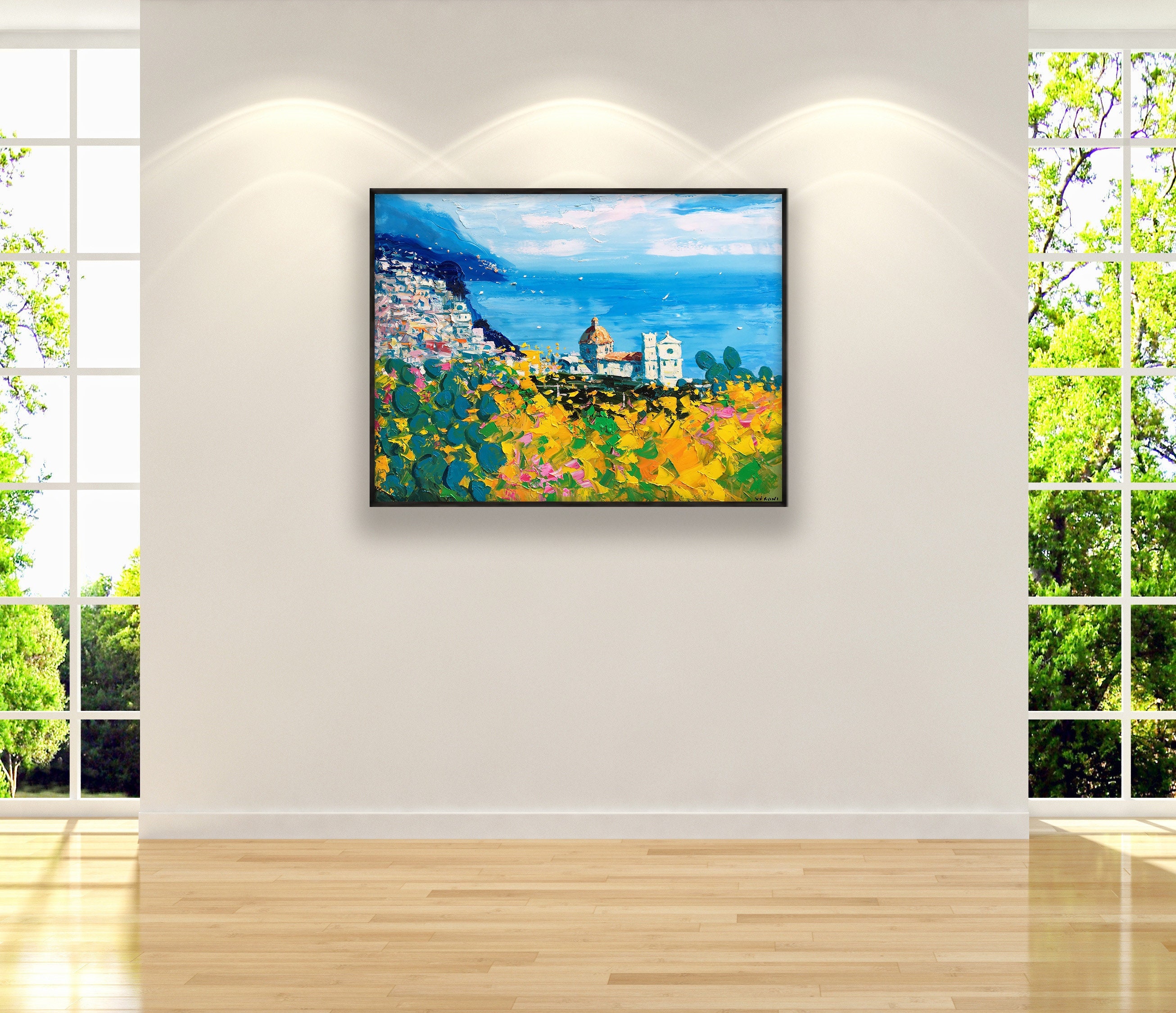 Positano Oil Painting on Canvas, Original Amalfi Coast with Yellow Flowers and Cactus, Large Modern Italian Art, Vibrant Living Room Decor