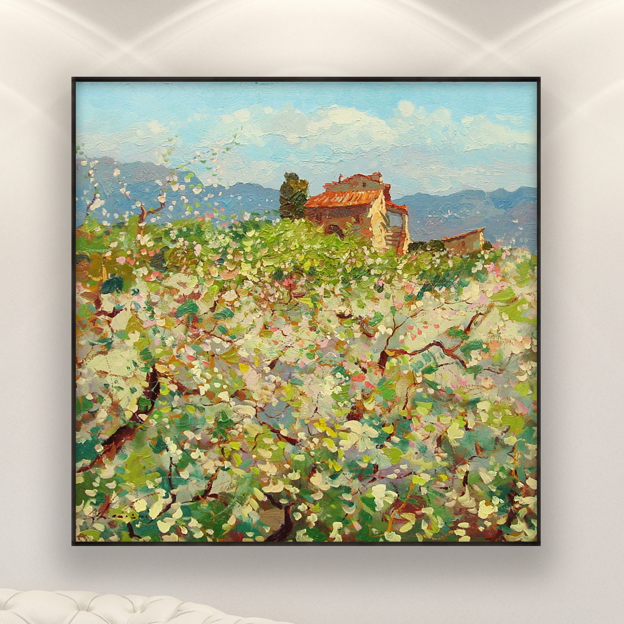 トスカーナの田園風景を描いたキャンバス油絵、花咲く野原の風景画