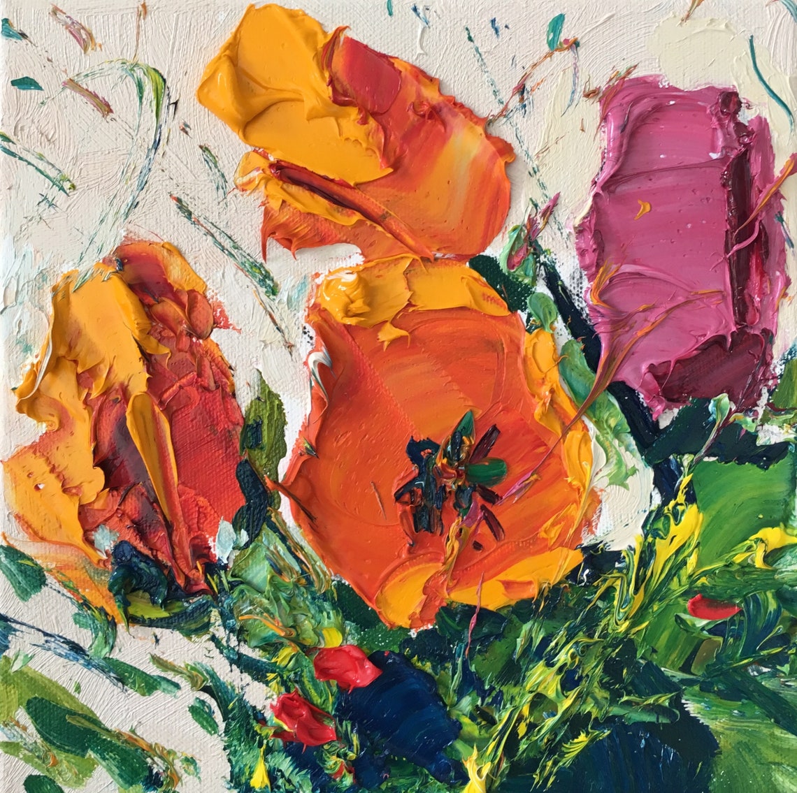 Orange Flowers Painting on Canvas Original Art Floral Art Etsy