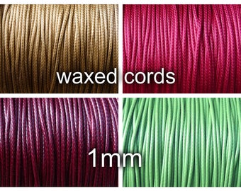 1.00mm waxed polyester cord - 10 meters - diameter 1mm, garnet, dk pink, mint,  brown