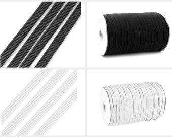 Flat Elastic Cord, Mask Ear Tie Rope for DIY Mask, Black, White, 5mm, 6mm