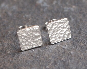 Stud Earrings|Earrings|Silver Studs|Mens Earrings|Square Studs Earrings|Mens Studs|Unisex Jewellery|Square Stud|Hammered Silver|Handmade UK