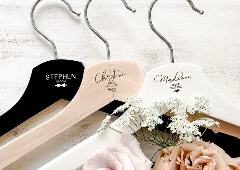 Custom Engraved Personalised Wooden Coat Hanger, Wedding Gift, Bridesmaid Gift, Groomsman Gift, Wooden Dress Hanger, Bridal Party Gift image 1