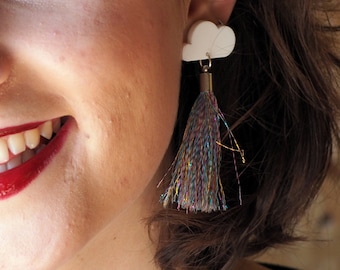 Cloud & Rainbow Tassel Earrings - Shimmery / Statement Jewellery