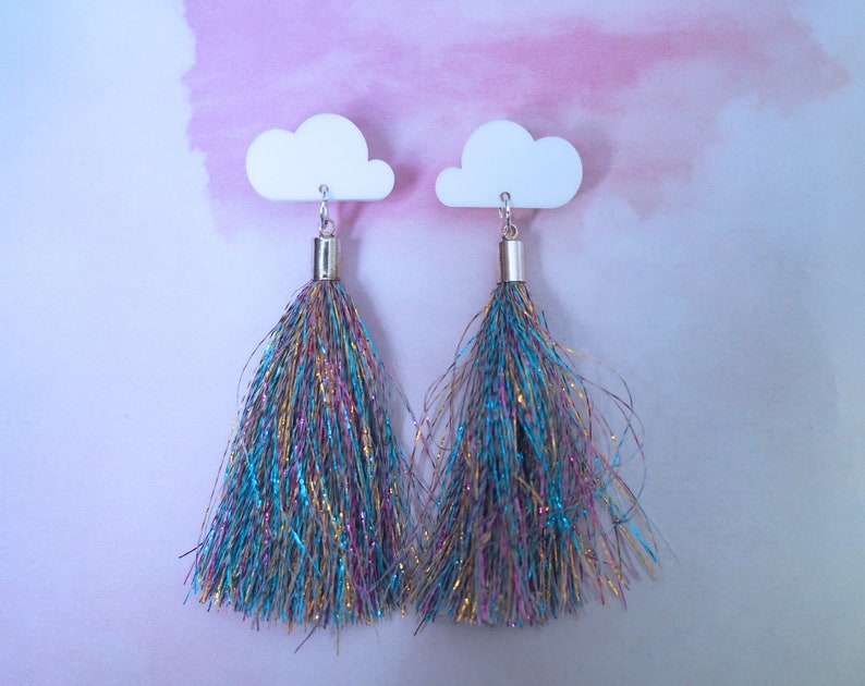 Cloud & Rainbow Tassel Earrings Shimmery / Statement Jewellery image 2