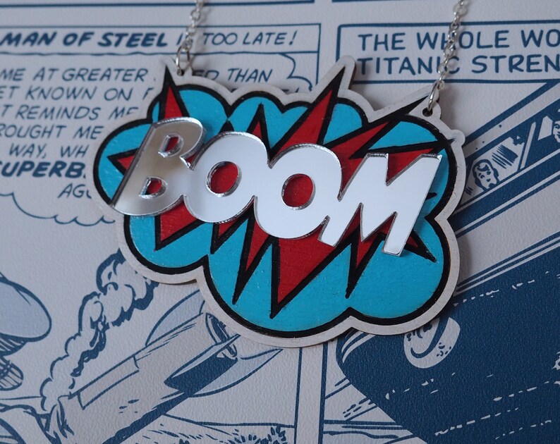 BOOM Necklace Red & Blue Comic Style Pop Art image 1