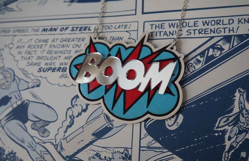 BOOM Necklace Red & Blue Comic Style Pop Art image 3