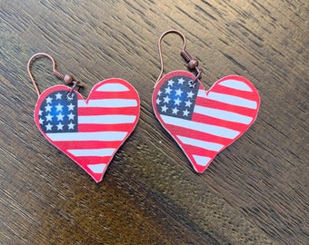 American Flag Earrings, American Flag Heart Earrings