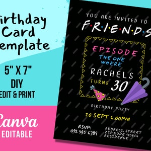 Plantilla de invitación de cumpleaños, plantilla de tarjeta de invitación de cumpleaños con temática de amigos / Canva editable / Descarga digital