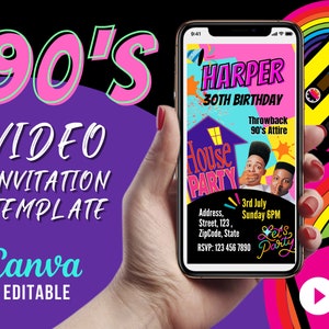 Birthday invitation 90s Birthday Party Invitation | House Party | Mobile Video Invitation | Canva Editable | DIY | Invitation Template