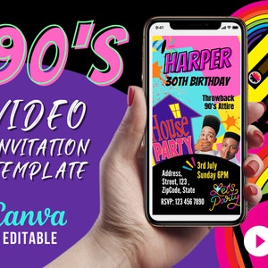 90s Birthday Party Invitation | Retro House Party Invite | Mobile Video DIY Template | Editable Digital Download