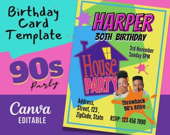 Plantilla de invitación de cumpleaños con temática de los 90: Fiesta retro en casa (editable en Canva, imprimible)