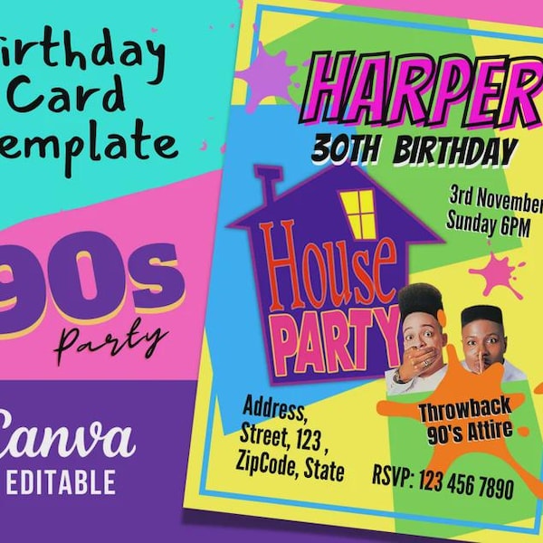 90s Theme Birthday Invitation Template: Retro House Party (Canva Editable, Printable)