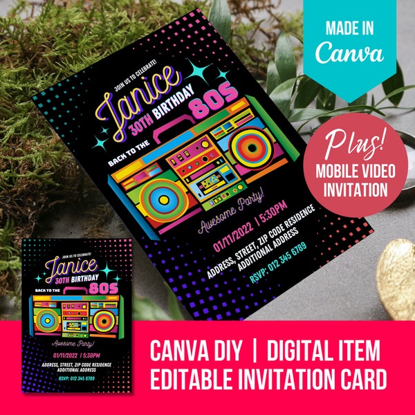 Birthday invitation template, Retro 80s Birthday Girl Party Invitation Card + Mobile Video | Editable DIY Digital Items