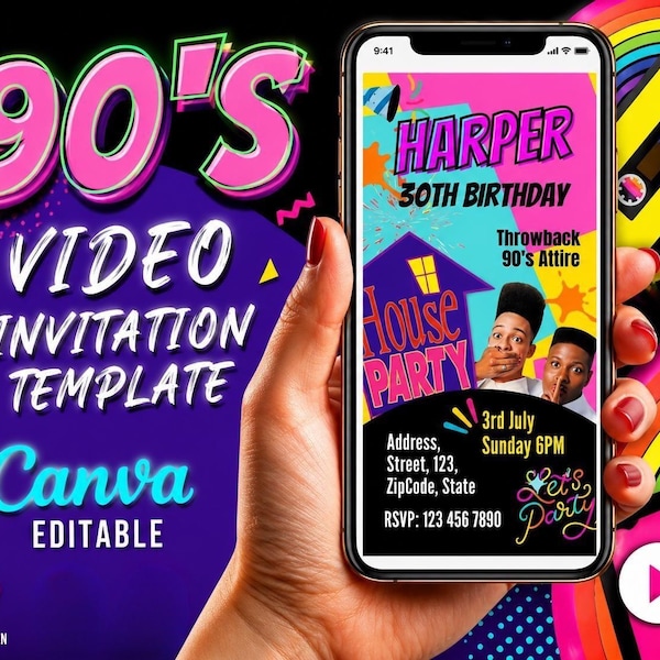 90s House Party Birthday Invitation Template – Editable Canva Invite