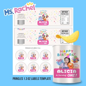 May include: Printable labels for a Pringles can featuring a girl with a birthday hat and the text "Can You Say! Happy Birthday Alicia is turning ONE!" The labels are designed for a 1.3 oz Pringles can and include a nutrition facts label and a label with the text "Happy Birthday Alicia is turning ONE!"