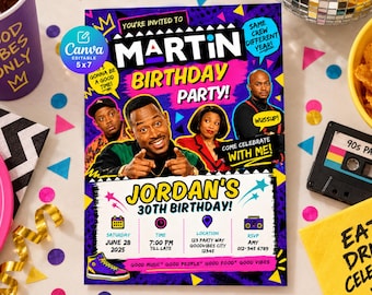 May include: A 5x7 birthday party invitation flyer featuring a 90s theme with bright purple, yellow, and pink colours. The text reads Martin Birthday Party, Jordan's 30th Birthday, and includes event details like date, time, location, and RSVP information.