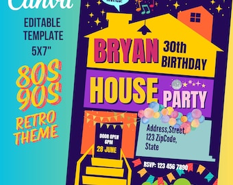 Plantilla de invitación de cumpleaños con temática de los 90: Fiesta retro en casa (editable en Canva, artículo digital)