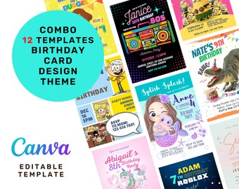 Combo 12 Printable templates Birthday Invitation Card Design Theme | Canva Editable | DIY | Digital Items