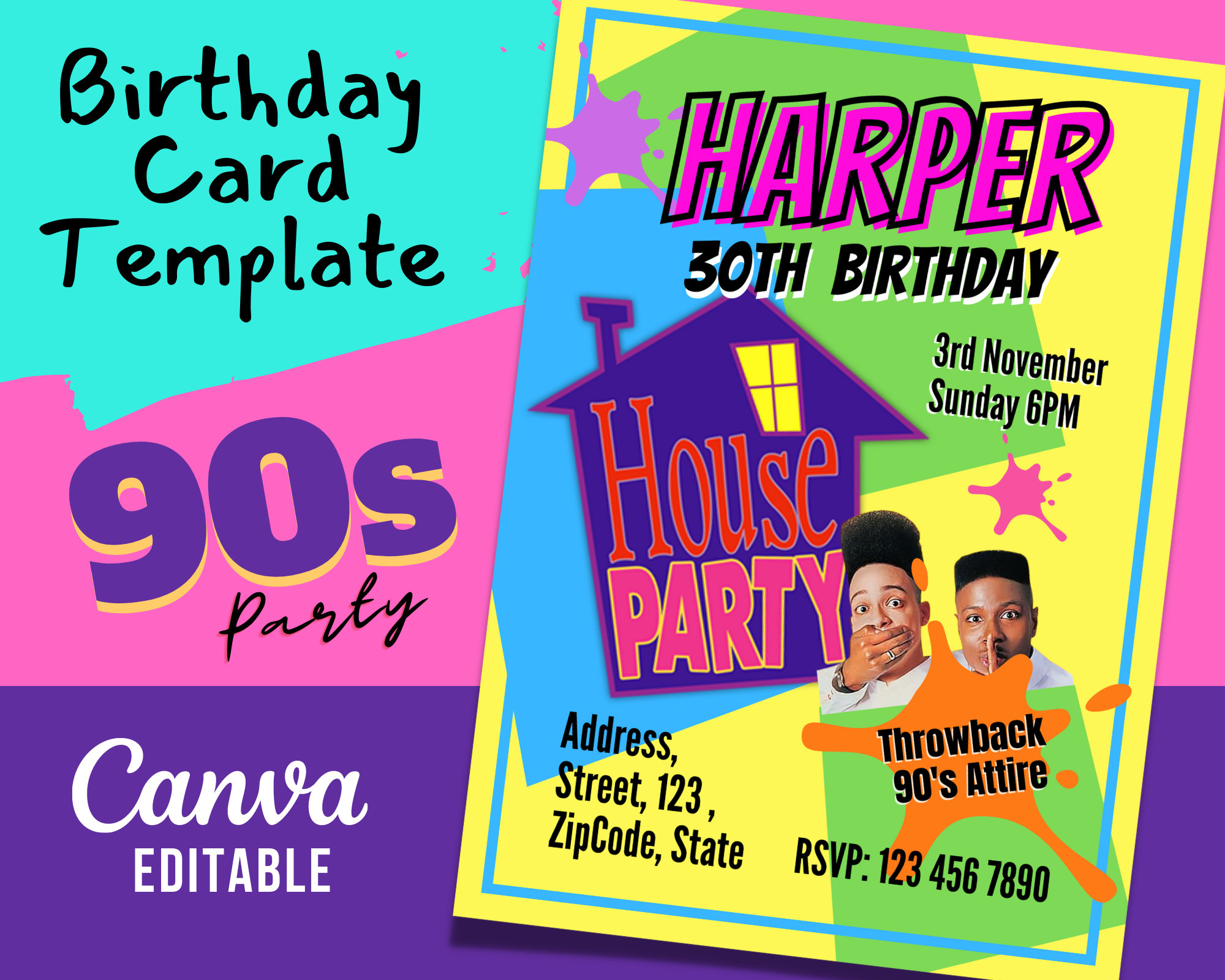 90s Theme House Party Birthday Invitation Card Template Canva Editable 90s-theme-house-party-birthday-invitation-card-template-canva-editable