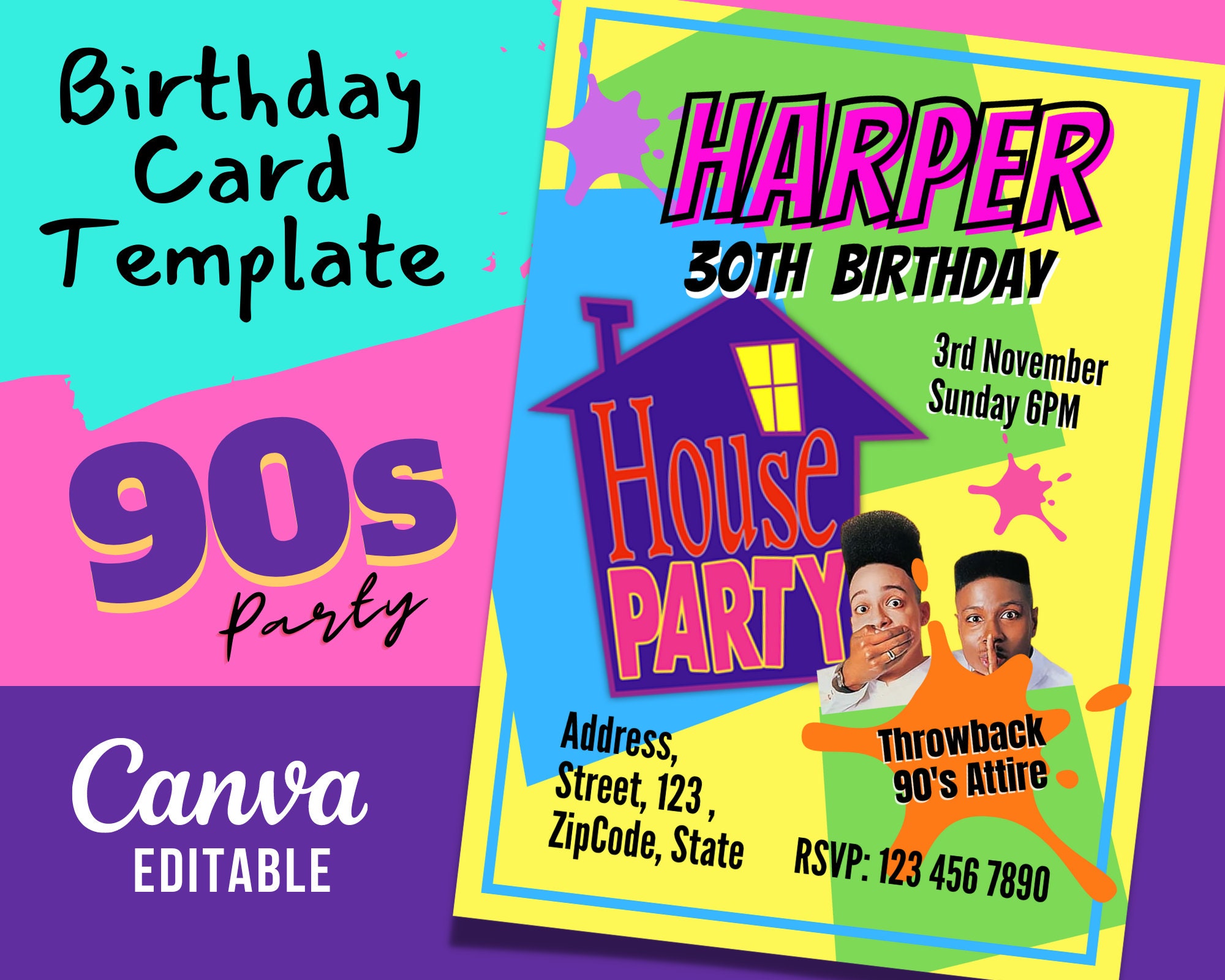 90s Theme House Party Birthday Invitation Card Template Canva Editable 