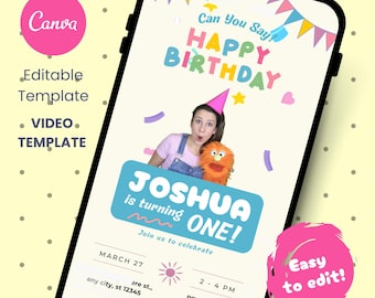 May include: A colorful birthday invitation video template for a child turning one. The template features a photo of a woman holding a puppet, with the text "Can You Say! Happy Birthday Joshua is turning One!" and a date and time for the party.